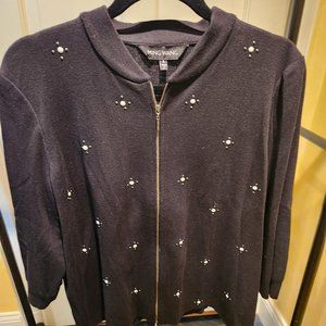 Ming Wang Zip Sweater White Beads Large